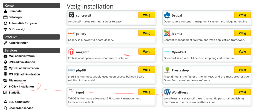 One-Click Installation af WordPress